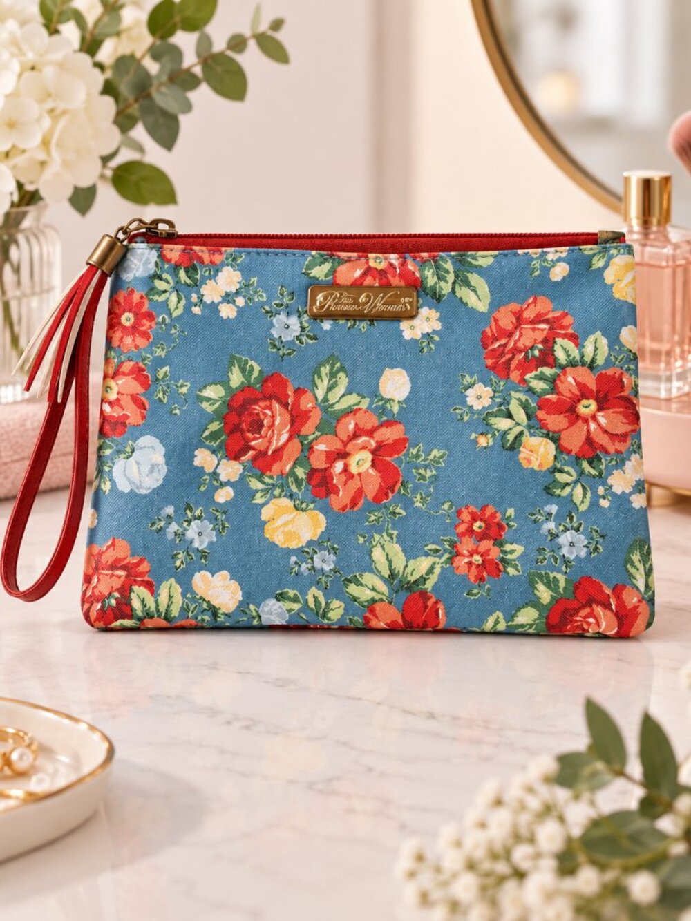 Pioneer Woman Blue Red Floral Cosmetic Makeup Bag